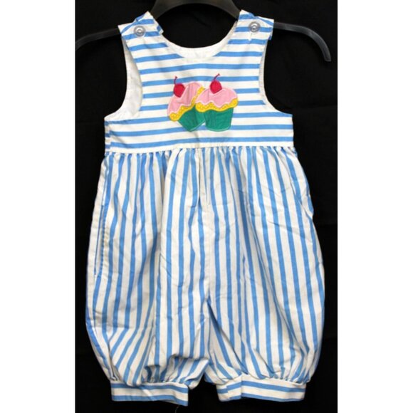 VTG Kelly's Kids Blue Striped Bubble Romper 3T Cupcake Cherry Summer Straps Girl - Picture 1 of 6